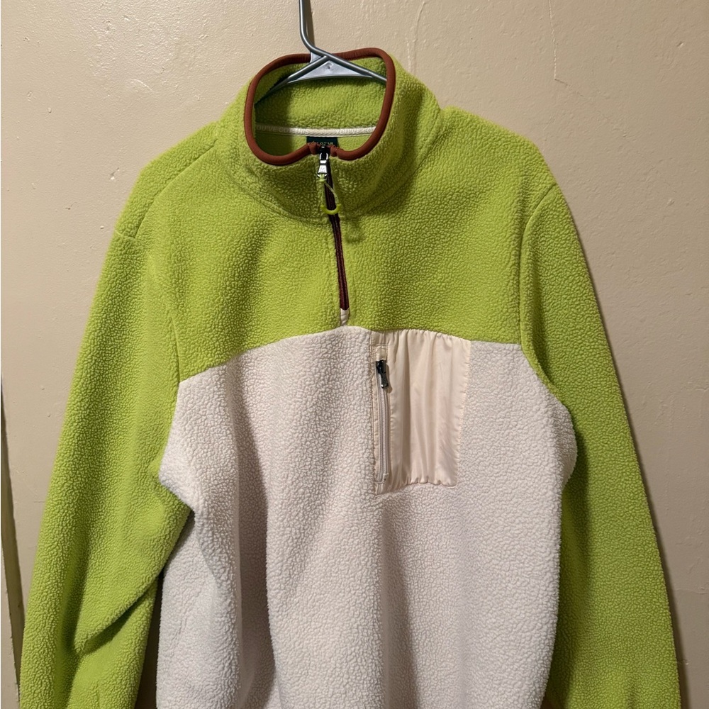 Tek Serve Warm Lime Green + Ivory Zip VTG Brown Trim Turtleneck Ski Fleece